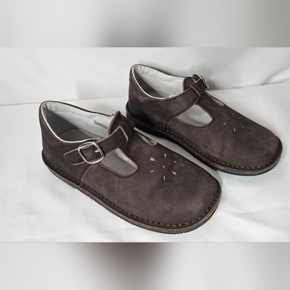 L'Amour Other - Strasburg Girls Brown Leather T-Strap Mary Jane Shoes Buckle Floral Cutout Sz 1